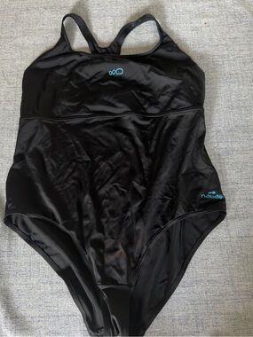 Women’s Black One-Piece Swimsuit with Blue Logo
